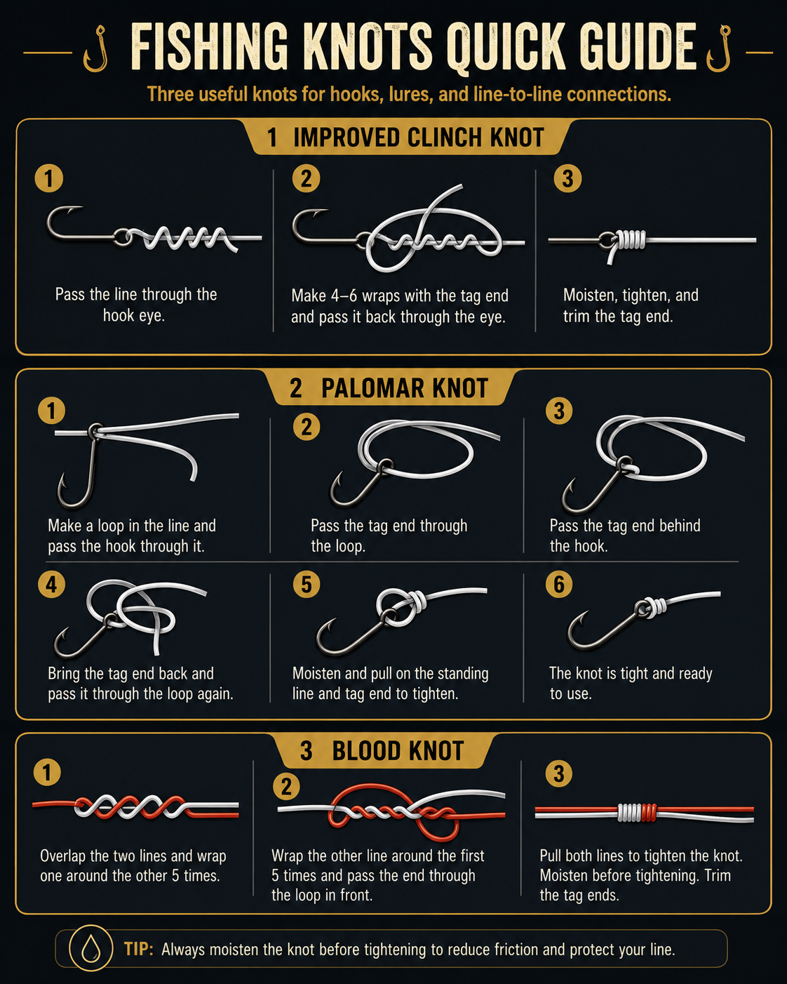 Fishing knot diagrams showing improved clinch knot, Palomar knot, and blood knot